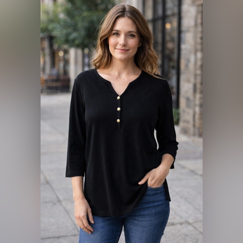 Exclusively Misook Black 3/4 Sleeve Top with Button Accents Size Large